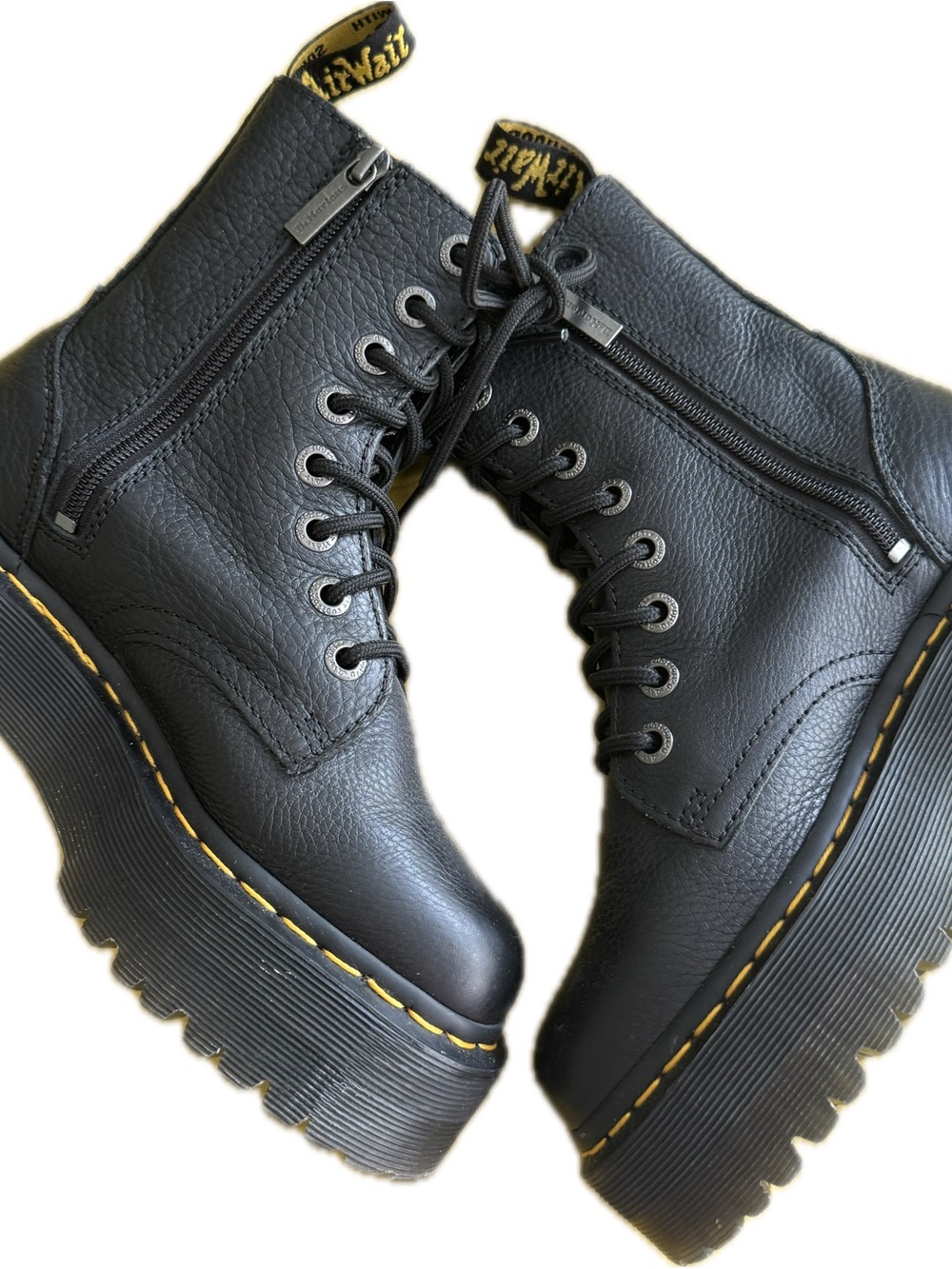 Dr. Martens Black Leather Platform Lace-Up Boots with Yellow Stitching